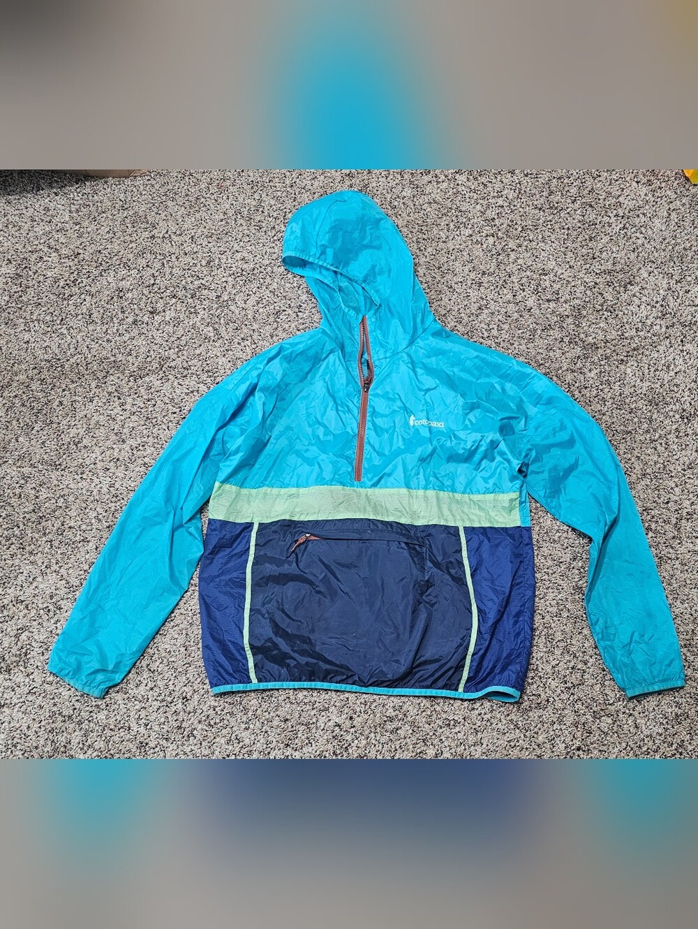 Cotopaxi Teal, Navy & Mint Hooded Rain Pullover